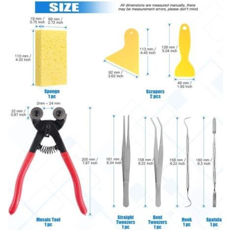 NALOOKAMIC Lot de 8 outils de mosaïque robustes à double roue, pince à épiler avec grattoirs, pinces, crochet à double extrémité, spatule, éponge