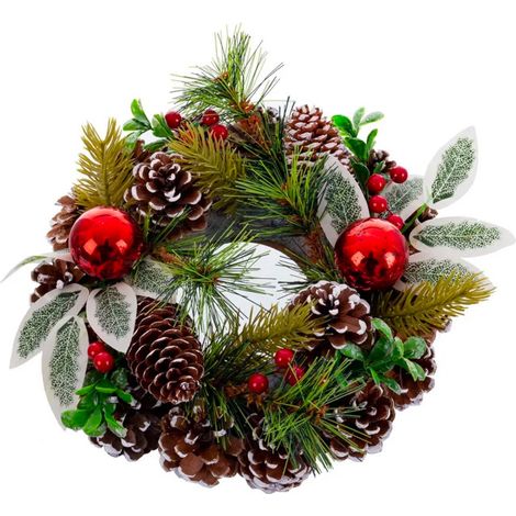 Couronne de l'Avent décoration Noël pommes de pin vert et rouge 22cm (1/3)