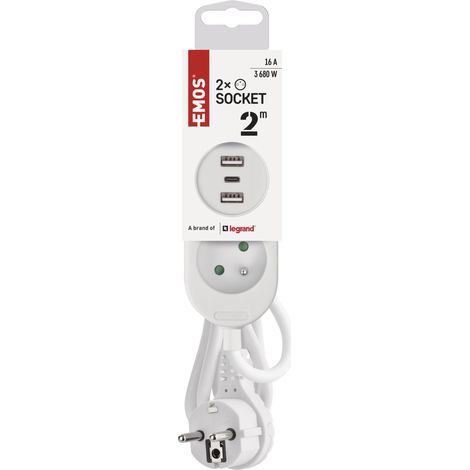 EMOS Ciabatta elettrica con 2 prese multiple e 2 USB-A + 1 connettore USB-C, cavo di prolunga da 2 metri, corrente di ricarica max. 3,4 A, maggiore protezione da contatto, IP20 (1/5)