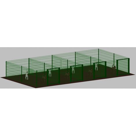 Recinto-Box Modualre per Cani in Ferro Zincato e Verniciato Verde-con Pali a Interrare - cm 200x400x102h(per 4 box)