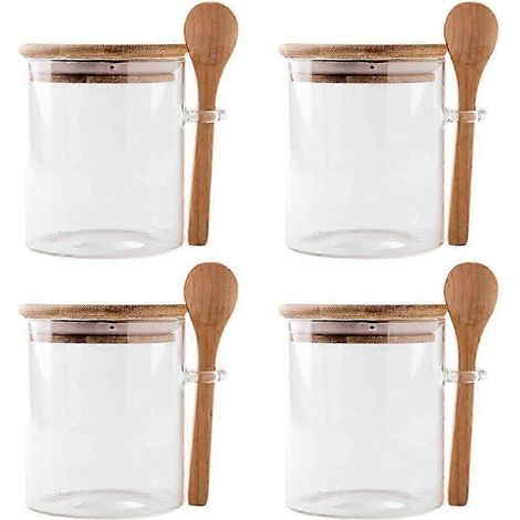 Lot de 4 récipients en verre pour flocons d'avoine à préparer la veille, avec couvercles et cuillères, bocaux en verre avec cuillères et couvercles pour toilettes (1/5)