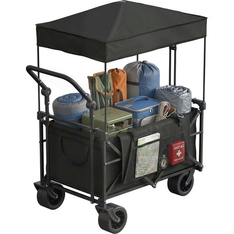Chariot de jardin pliable avec roues verrouillables barre ajustable porte-gobelets 125x59x133 cm Noir