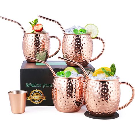 Moscow Mule Kupferbecher-Set, 4er-Set, handgefertigte Kupferbecher für Moscow Mule Cocktails, lebensmittelecht, 473 ml (16 oz), Geschenkset mit 1 Messbecher, 4 Strohhalmen und 4 Untersetzern (1/5)