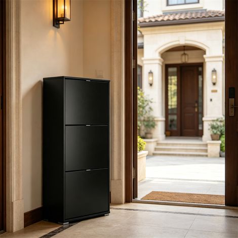 Meuble à chaussures entrée - 60x26x124 cm - Armoire de rangement moderne chic 3 portes abattantes gain de place - Noir (1/5)