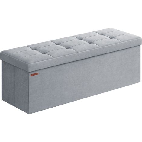 Songmics – Banc de rangement pouf en velours gris tourterelle – Couvercle et 2 boîtes – Séparateur amovible – 38 x 110 x 38 cm – Capacité 300 kg