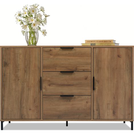 Commode avec 2 portes et 3 tiroirs, 120×40×76 cm, coloris chêne foncé, étagère réglable, buffet/highboard pour chambre et pièces à vivre