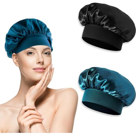 Cuffia da notte in seta, elegante cappello da notte, morbida e confortevole, in raso, per proteggere i capelli, nera e blu pavone, taglia regolabile con elastico (1/5)