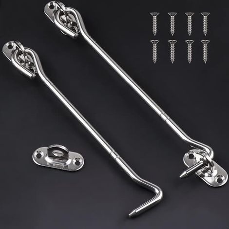 2 crochets de porte en acier inoxydable argenté de 20 cm - Crochets de porte avec verrou pour porte coulissante, armoire, abri de jardin, garage, jardin - Crochet de fenêtre (1/5)
