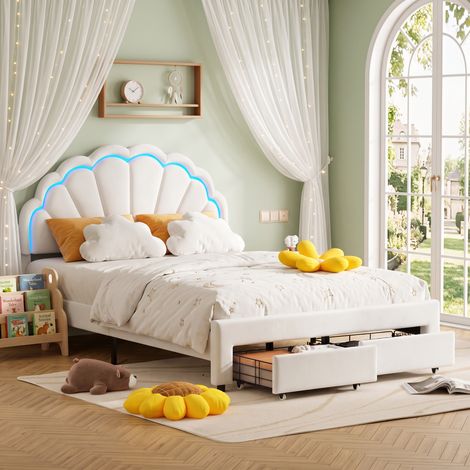 Superaly Lit double capitonné 140x200cm, 2 Tiroirs, Tête de lit en forme de pétale réglable en hauteur, Éclairage LED réglable, Sommier à lattes, Convient pour une chambre de fille, Velours, Blanc (1/5)