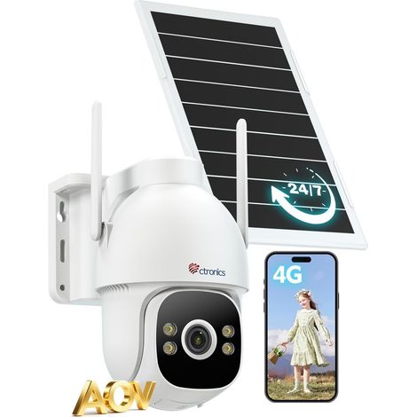 Ctronics Caméra de Surveillance Solaire 4G AOV – Enregistrement 24/7, Batterie 15 600 mAh, Panneau 8W, Détection Humaine, Suivi Auto 30 m