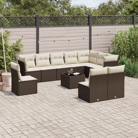 11-tlg. Garten-Sofagarnitur mit Kissen Braun Poly Rattan (1/3)
