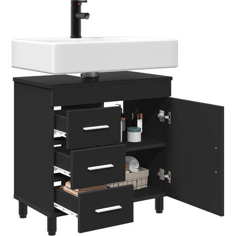 Meuble Vasque Salle de Bain 60x35x60 cm, Armoire de Toilette Suspendue avec Évier Intégré, Rangement Moderne Noir Mat pour WC et Douche (1/5)