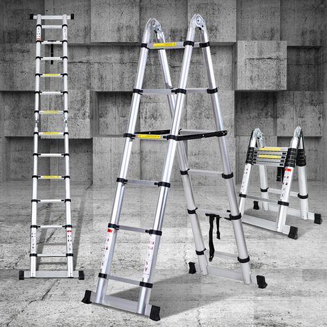 Wolketon Teleskopleiter Silber  Aluminium Klappbar Multifunktionsleiter Anlegeleiter  1.9M+1.9M Mehrzweckleiter Fingerklemmschutz Auszeihleiter Klappbar Aluminiumleiter Antirutsch bis 150 KG
