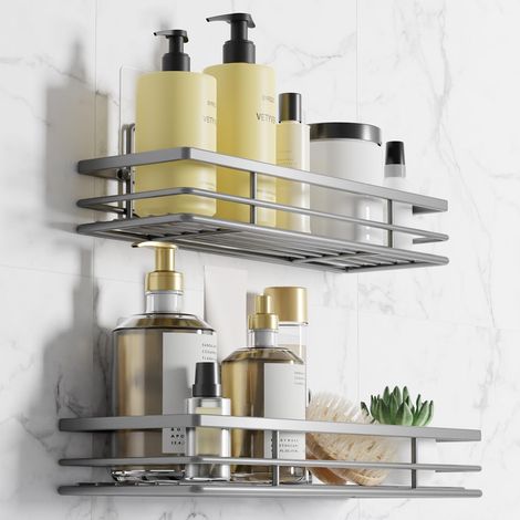 Etagere Douche sans Percage 2 avec Support Salle De Bain Rangement Et Organisation Porte Savon Gris Argent (1/5)