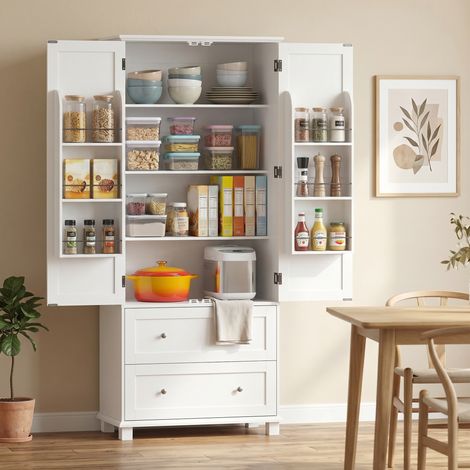 Hohes Küchen-Sideboard, Küchenschrank mit 2 Türen, 2 Schubladen, 6 Einlegeböden (verstellbare Einlegeböden), 80 x 39,5 x 184,5 cm, weiß (1/5)