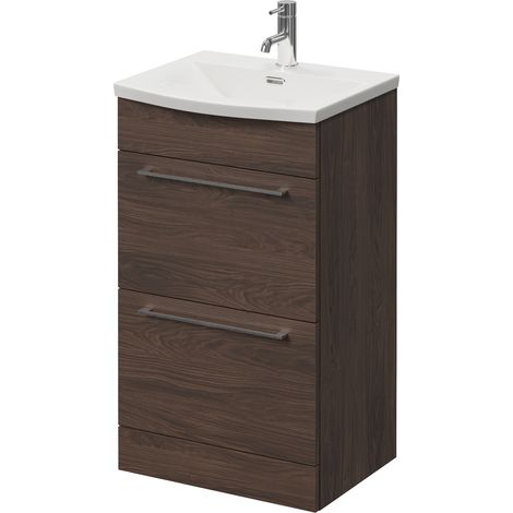 Napoli 390 Brown Oak 500mm 2 Drawer Vanity Unit with Arc Basin - 500mm - Chrome 320mm Handle