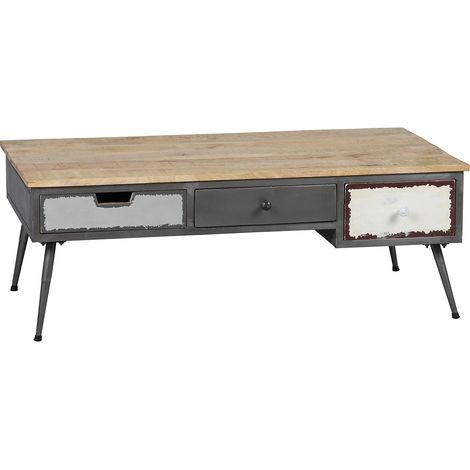 STAHL - Table Basse 3 Tiroirs Structure en Métal Plateau en Bois (1/3)