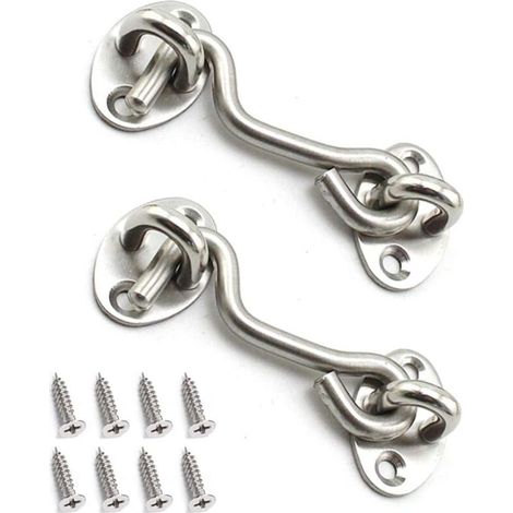 2 pestillos de gancho de acero inoxidable para puertas de cobertizos y garajes con tornillos de 7,6 cm (3 pulgadas) – color plata - Crezuo