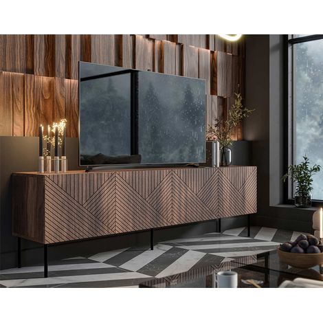 Bestmobilier – Meuble TV contemporain effet bois foncé – Largeur 191 cm – 4 portes avec système push to open – Pieds en métal noir