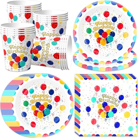 Ensemble de vaisselle de fête d'anniversaire colorée, assiettes en carton, tasses, serviettes, 16 invités, pour enfants, décoration d'anniversaire, motif ballon blanc (1/5)