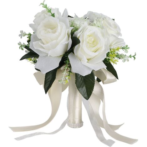 Bouquet de mariée artificiel en fleurs de soie, bouquet de roses simulées pour la mariée, blanc laiteux (1/5)