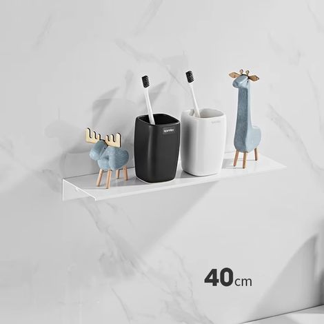 Étagère de salle de bain (blanche, 40 cm) en aluminium, flottante, pour rangement mural de douche, cuisine et accessoires de salle de bain. (1/5)