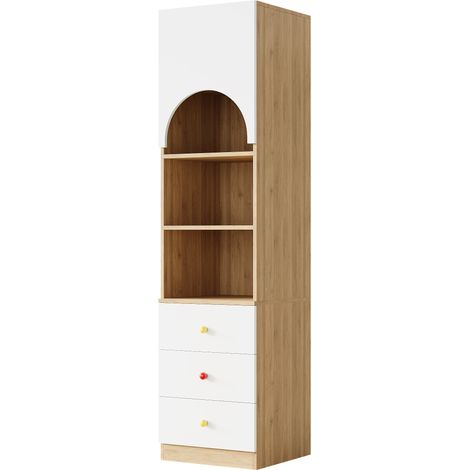 CAIziBibliothèque à plusieurs niveaux, étagère de rangement, avec trois tiroirs et trois tablettes, poignées en céramique, blanc et aspect bois, 50×50×200 cm (1/5)