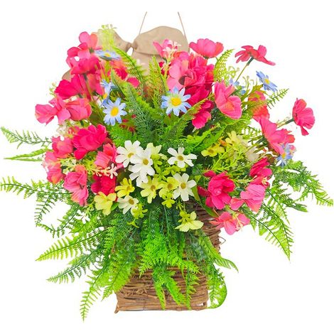 Korb mit Frühlingsblumen, künstliche Blumen für den Frühlingsgarten, rote Wildblumen (1/2)