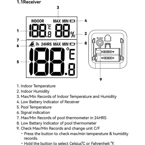 Thermomètre de piscine flottant, jauge de température d'eau sans fil numérique facile à lire avec thermomètres d'intérieur pour piscine/jacuzzi/aquarium (1/5)