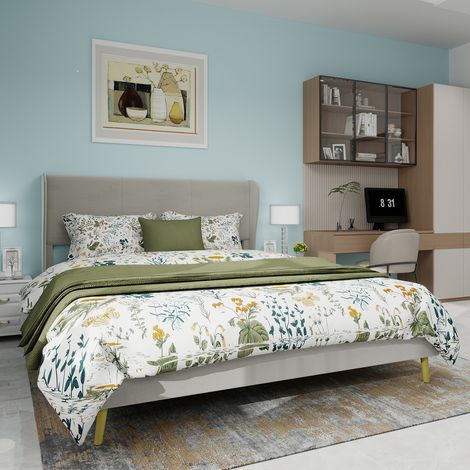 Cama para adultos de 140x200 cm, somier de láminas tapizado, cabecero acolchado, sin colchón, tapizada en tela y metal, color beige