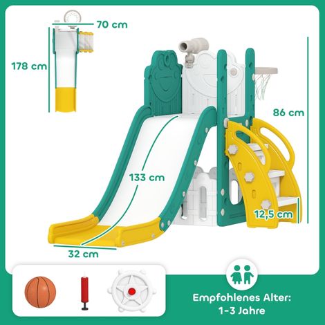 Ensemble de jeux 5-en-1 pour enfants : toboggan extensible, anneau de basket-ball, matière plastique, coloris jaune-vert, structure multi-activités. (1/5)