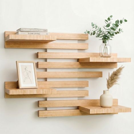 Étagère Murale Modulable Bois Massif Tasseaux Design (Blanc) Tablette flottante décoration cocooning maison, chambre, cuisine, salon, salle de bain. Petite bibliothèque, plantes, épices. (1/5)