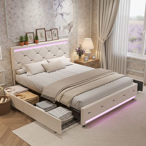 Letto matrimoniale 140 x 200 cm con 4 cassetti, rete a doghe, illuminazione LED e porta USB, rivestimento in velluto capitonné, stile scandinavo, beige (1/5)
