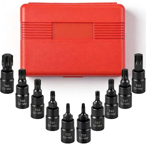 Jeu de 10 embouts Torx T20-T60 Jeu de douilles Allen 3/8" avec coffret en plastique Acier allié au chrome-molybdène pour mécanique, bricolage, automobile et réparations domestiques (1/5)