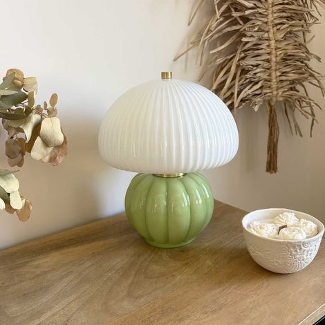 Lampe à poser vintage en verre et céramique vert matcha – Hauteur 25cm – Douille E27 – Pour bureau et table de chevet – Opjet (1/4)