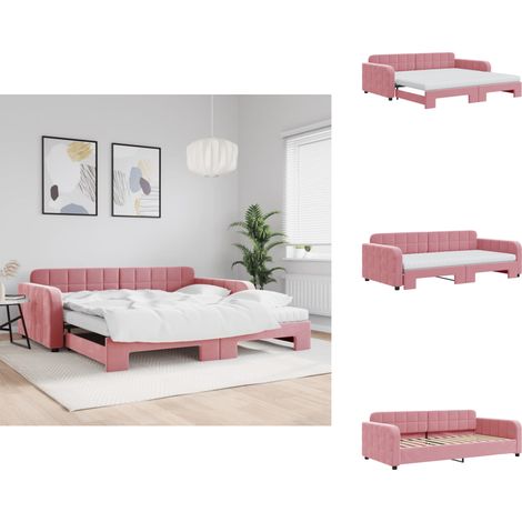 Lit de jour avec lit gigogne et matelas rose 100x200 cm velours - Lit De Jour Avec Lit Gigogne - Lits De Jour Avec Lits Gigognes - Canapé-lit - Lit D'appoint (1/5)