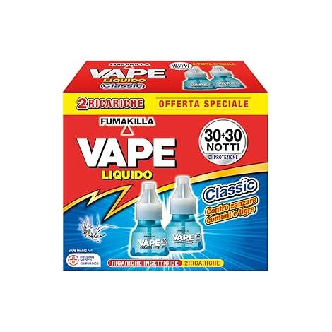 Vape, Bipacco Ricarica Liquida 30 notti + 30 notti,Efficace contro le Zanzare Comuni e Tigre, 18 ml + 18 ml
