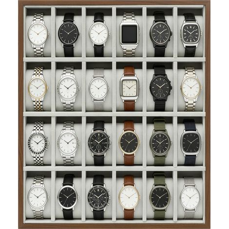 Coffret à montres 24 compartiments – 40×33×4,5 cm, bois (MDF) + flanelle – Pour montres, bracelets, bijoux – Gris/noix (1/5)
