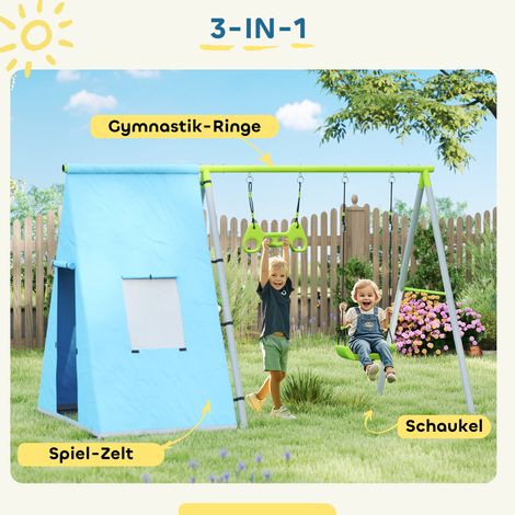 Portique 3 en 1 avec tente de jeu, balançoire et anneaux de gymnastique, structure en métal et plastique, couleur vert (1/4)