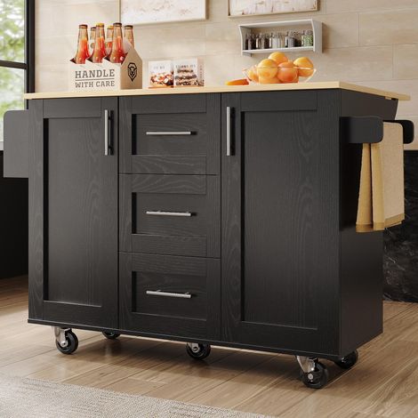 Kücheninsel mit abnehmbaren Trennwänden und Rollen,vielseitiger Speisewagen,Buffetschrank mit Holzmaserung,praktischer seitlicher Handtuchhalter,schwarz. (1/5)