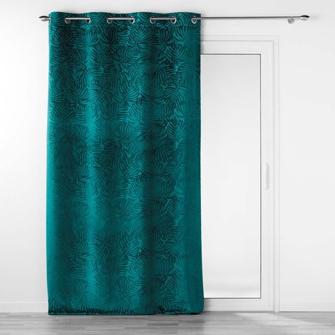 Rideau occultant en velours feuilles de monstera Bleu 140x240 cm (1/4)