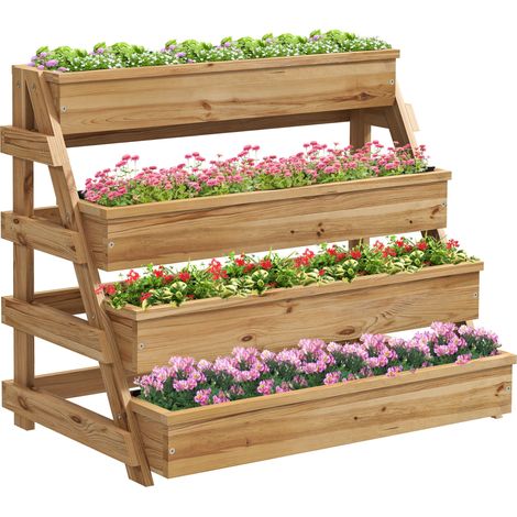 Fioriera Rialzata a 4 Livelli 75x57x60,5 cm con Fori di Drenaggio e Tessuto non Tessuto in Legno di Abete (1/5)