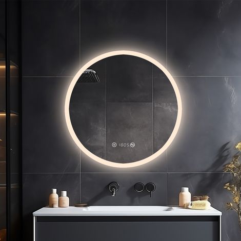 Heilmetz Miroir de salle de bain rond avec éclairage Miroir de salle de bain LED Diamètre 60cm Interrupteur Tactile, Anti-buée, Horloge Lumière Blanche Neutre (1/5)