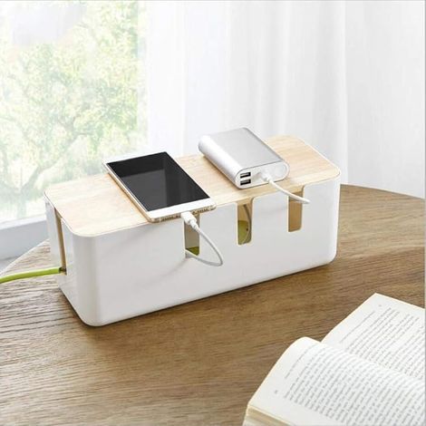 Petit boîtier organiseur de câbles effet bois noyer, boîte de rangement pour câbles de bureau (1/5)