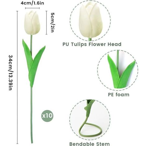 Ulisem 10 tulipes artificielles, tulipes artificielles, fausses tulipes pour décoration de salon ou de chambre (blanches) (1/3)
