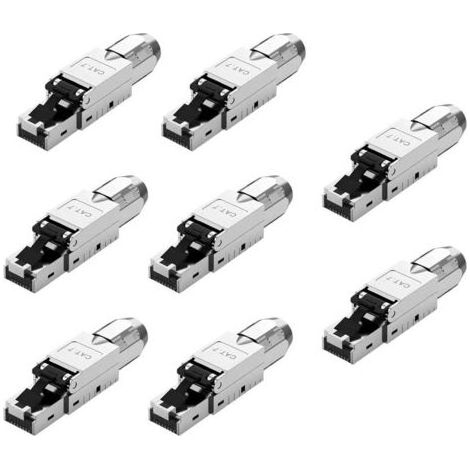 Lot de 8 fiches réseau CAT 7 RJ45 pour câbles LAN rigides - Câble de pose Ethernet - Fiche LAN CAT 7 sans outil LSA, entièrement blindé STP, 10 Gbit/s, AWG 22-24 (1/4)