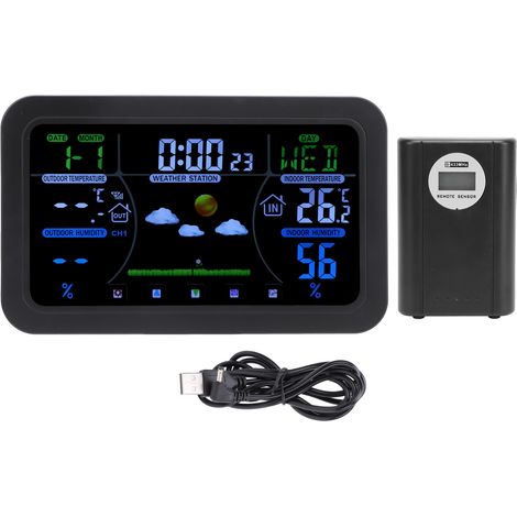 Reloj meteorológico LCD con monitor de temperatura y humedad interior/exterior y pronóstico del tiempo de 24 horas para garaje o trastero. (1/5)