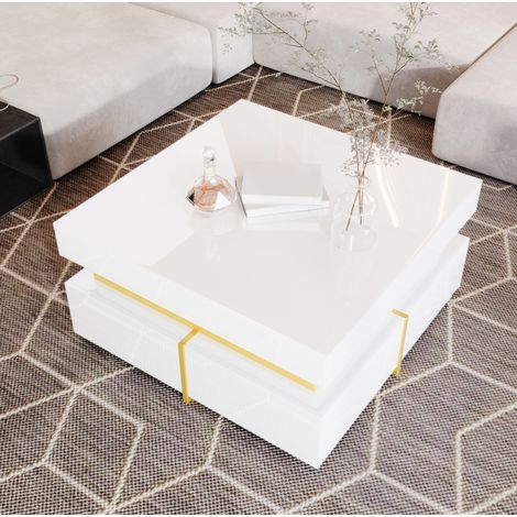 Mesa de centro brillante con 2 cajones, 70 x 70 x 35,5 cm, blanco con detalles dorados HAVRYA (1/5)
