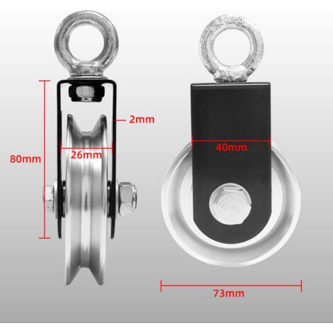 Polea elevadora, polea de cable de 73 mm con soporte de montaje en forma de U, rodillo elevador de carga DIY para máquina de cable de acero (1/4)
