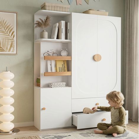 MODFU – Armario de almacenamiento 125x50x180 cm de MDF con ropero, estantes abiertos, 2 cajones, carga 50 kg y certificación FSC – Blanco y natural (1/5)
